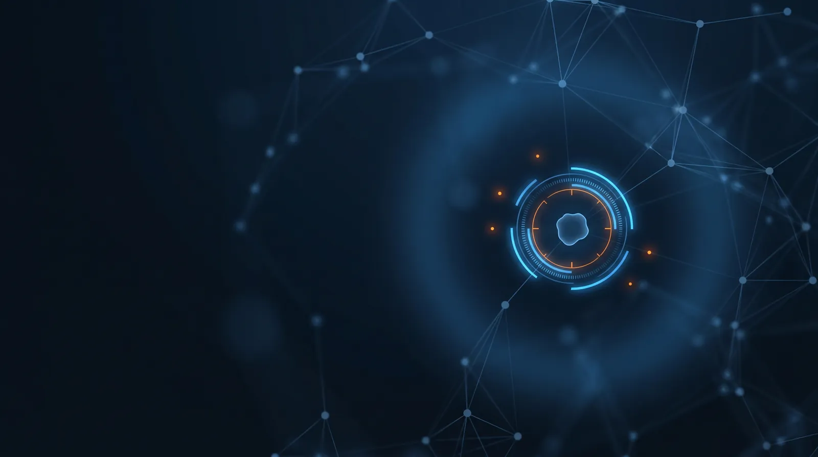 Abstract cyber threat detection concept: a glowing scanner reticle locking onto an anomalous node within a steel-blue network mesh on a dark navy background, with orange flagged points.