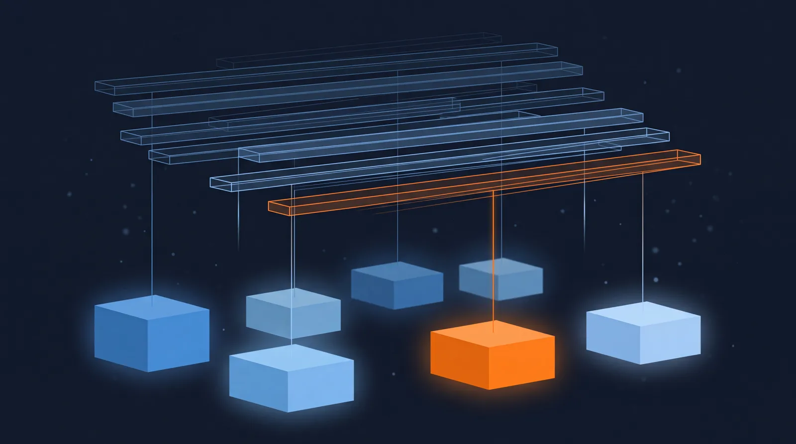 Hollow wireframe bars float above seven solid, glowing blocks. Thin lines of light connect most bars to a block below, but several lines dangle into empty darkness, connecting to nothing. One bar, its line and its block glow orange — claims anchored to evidence set against claims that are not.