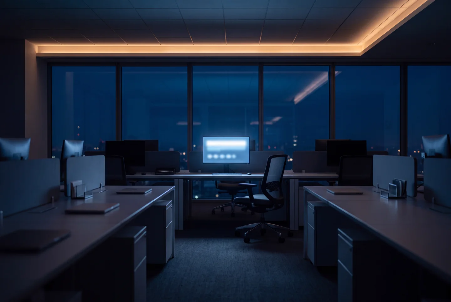 An empty open-plan office at night with a single monitor still lit, its chair unoccupied