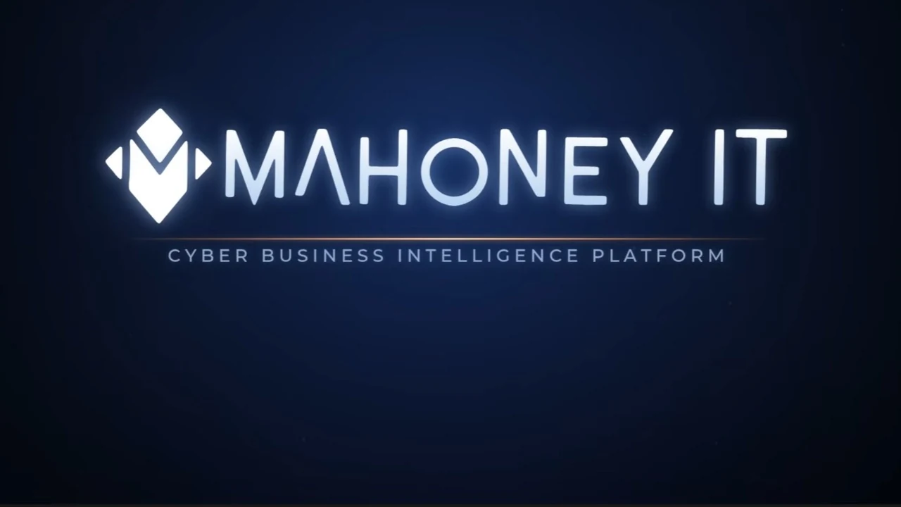 Title frame of the video: the Mahoney IT logo above the line Cyber Business Intelligence Platform